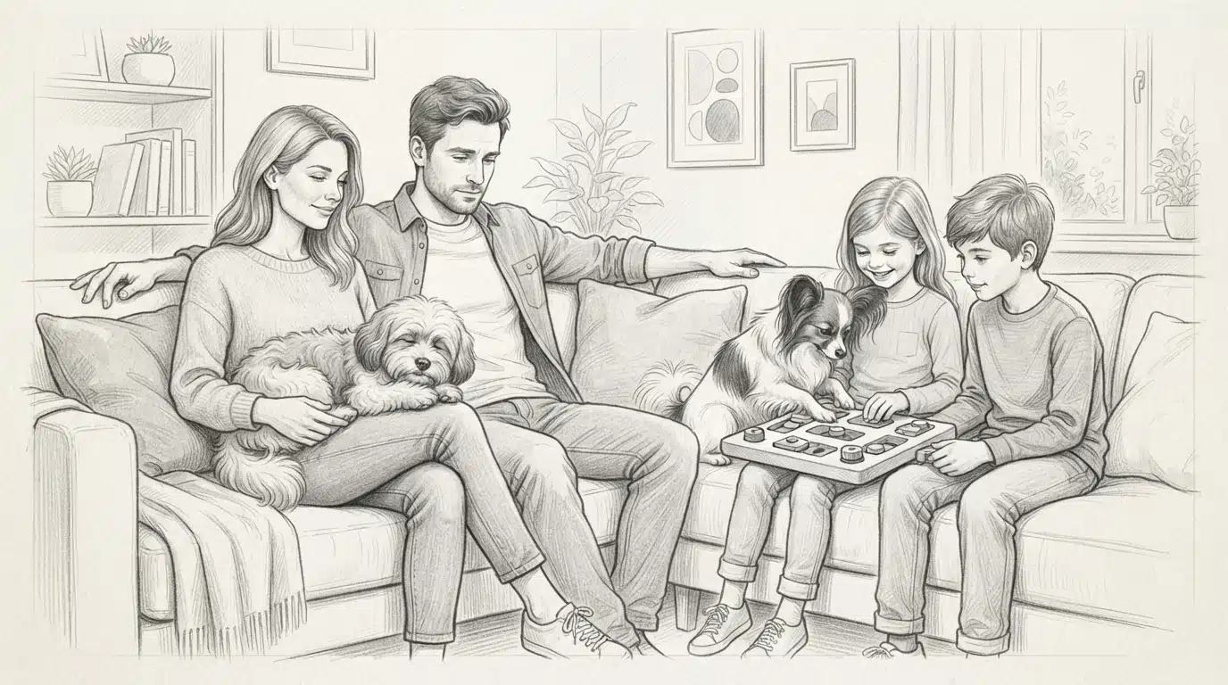 Family on couch choosing between two dog breeds
