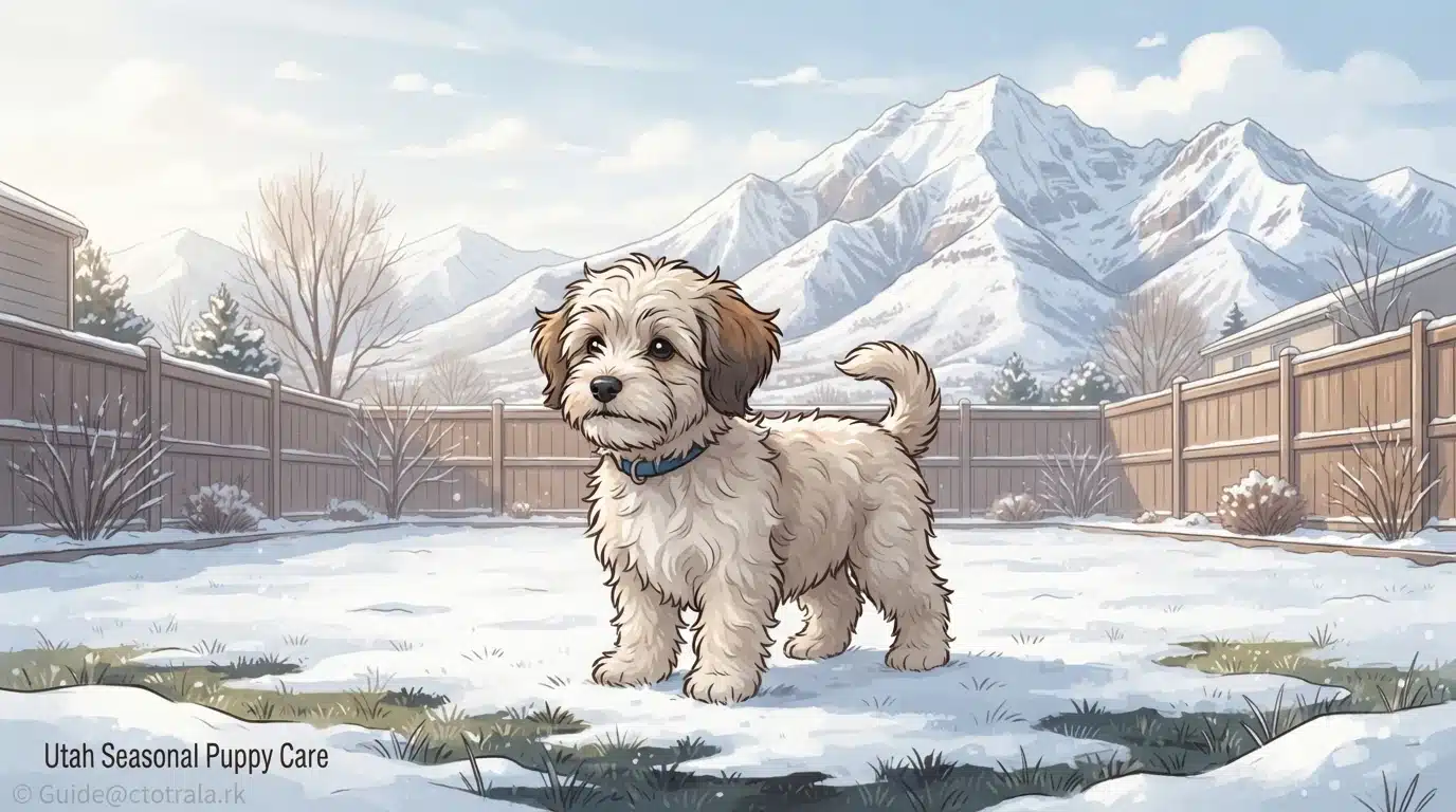 Havanese puppy in snowy Utah backyard with mountains