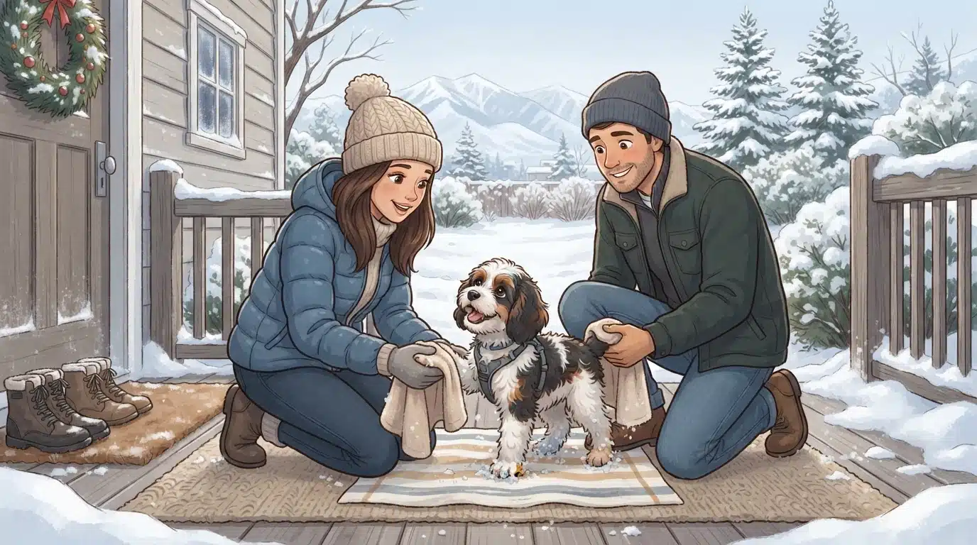 Family drying a small dog's paws on a snowy porch