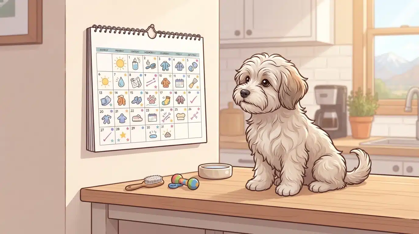 Havanese puppy beside a wall calendar on a kitchen table