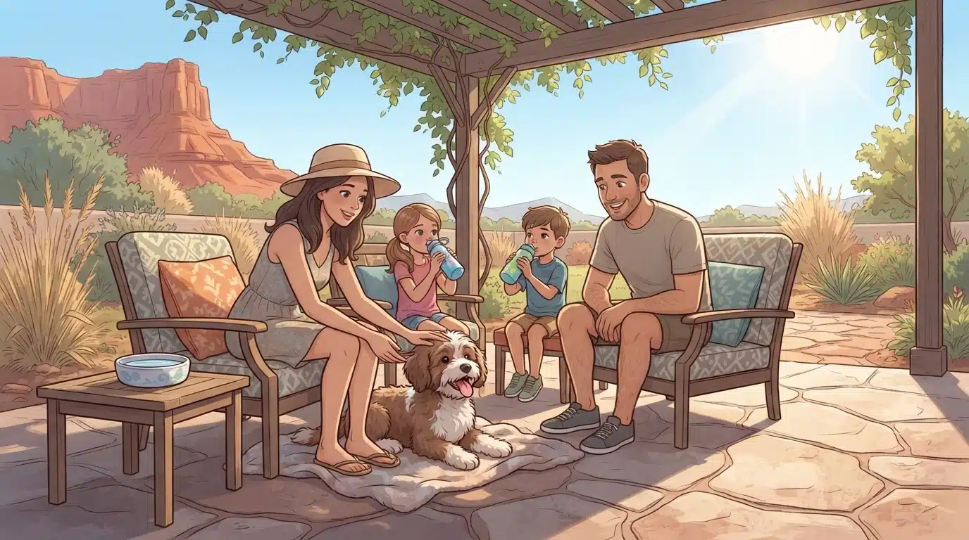 Family resting with Havapoo puppy in shaded backyard