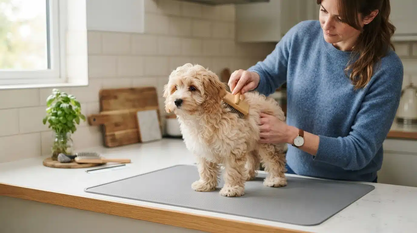 Havapoo puppy being brushed on kitchen counter