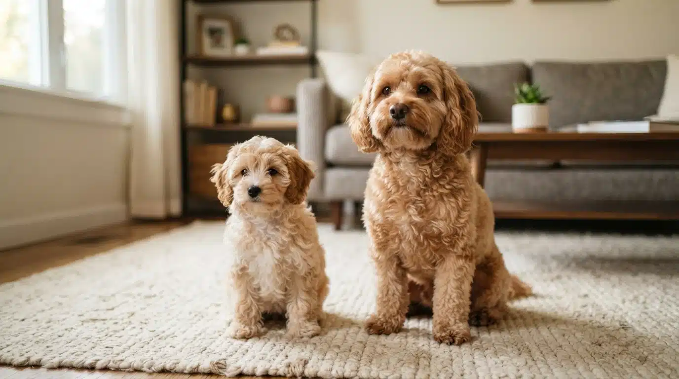 Two Havapoo dogs sitting side by side on a rug