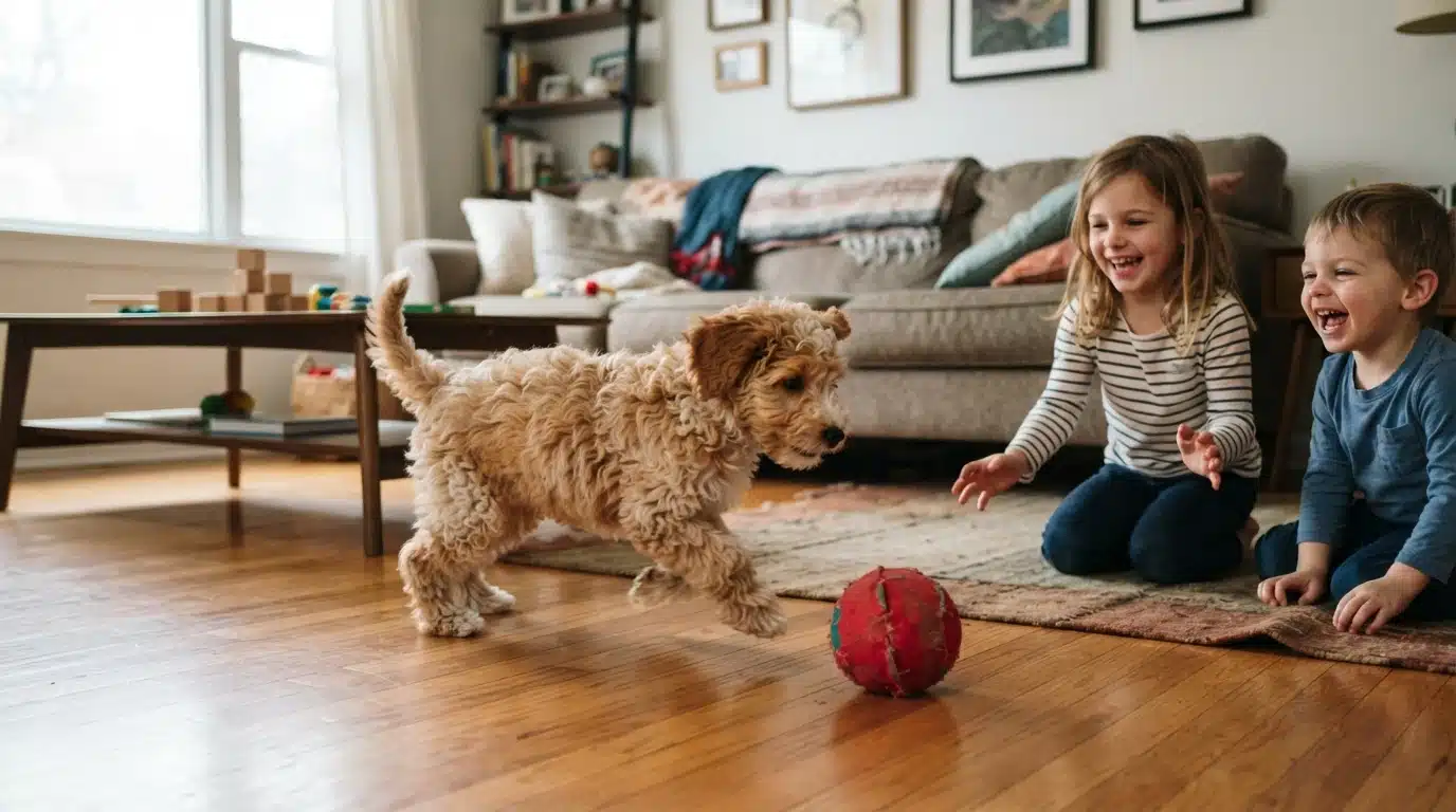Schnoodle puppy chasing ball in living room