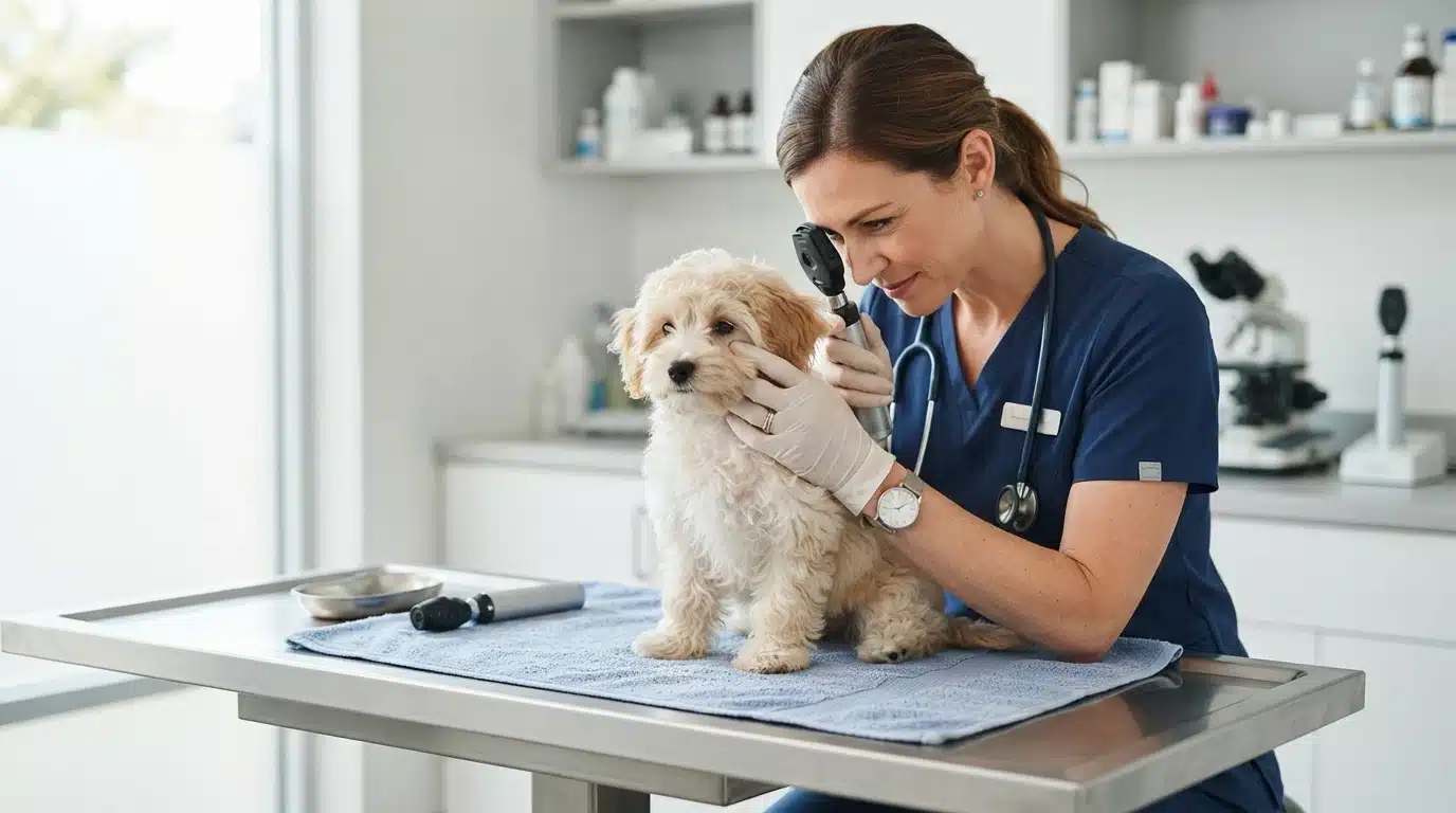 Veterinarian examining a fluffy puppy's eyes and knees