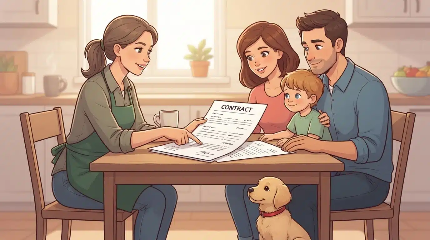 Breeder and family review guarantee at kitchen table