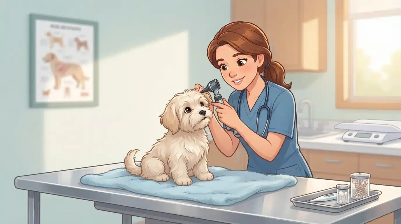 Veterinarian examining a small fluffy puppy