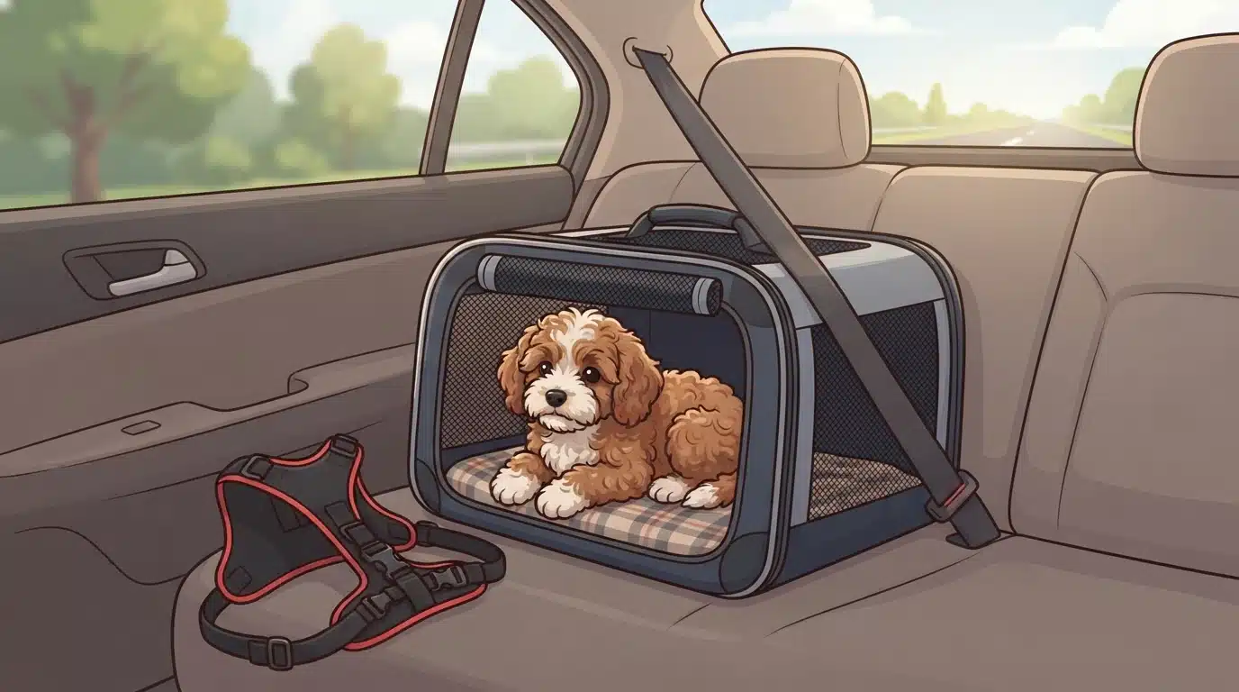 Cavapoo puppy resting in travel crate near car seat harness