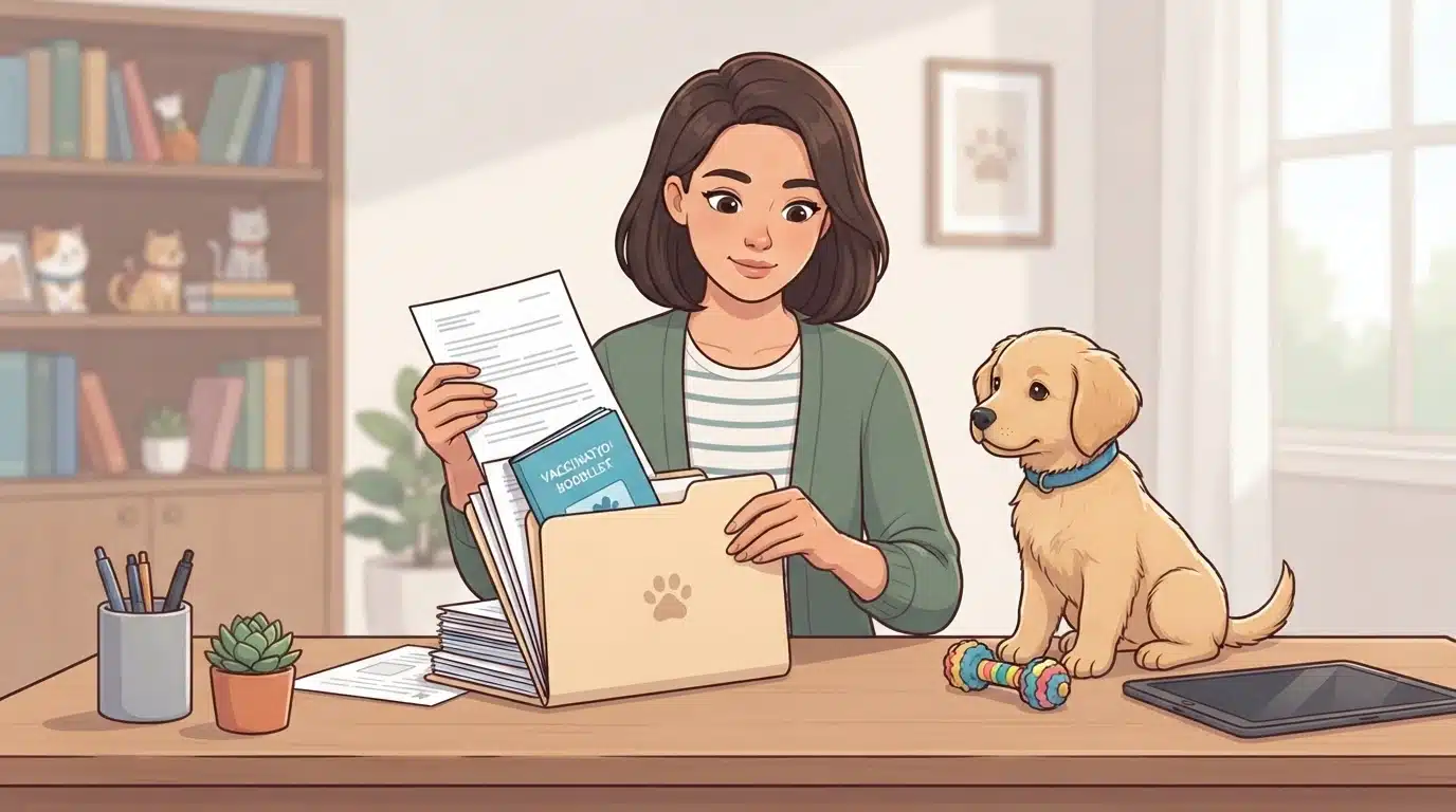 Owner organizes puppy vet records and vaccination booklet