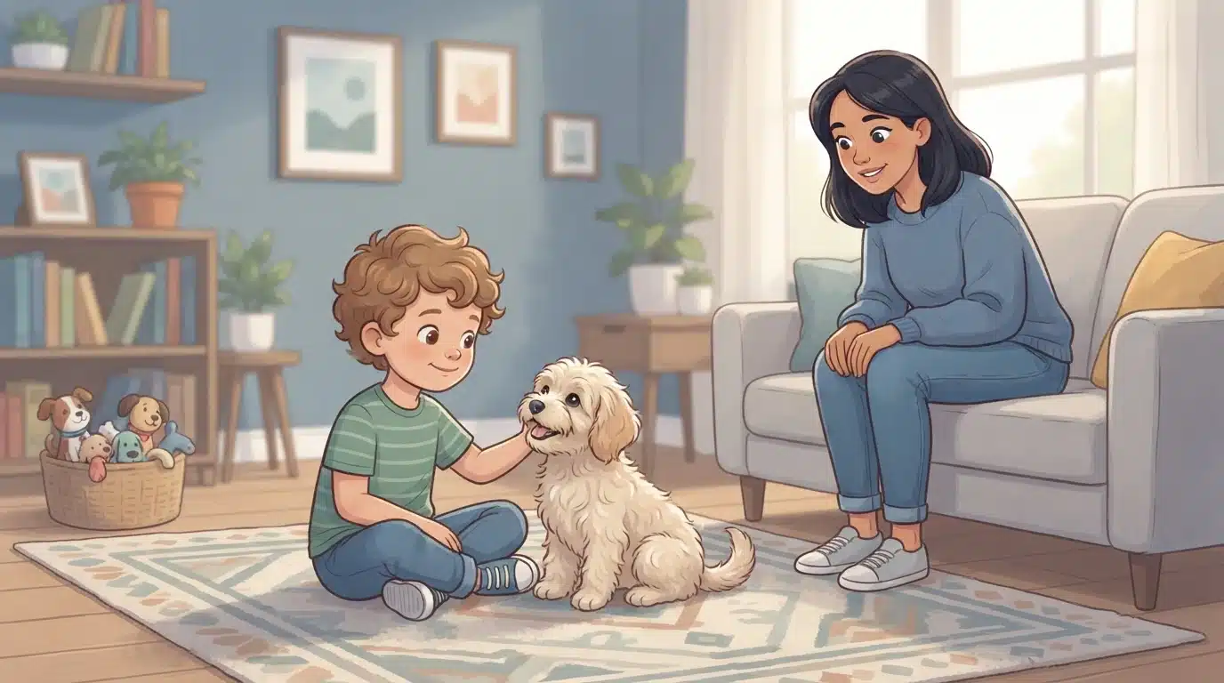 Child pets a fluffy Havapoo puppy as a parent watches nearby