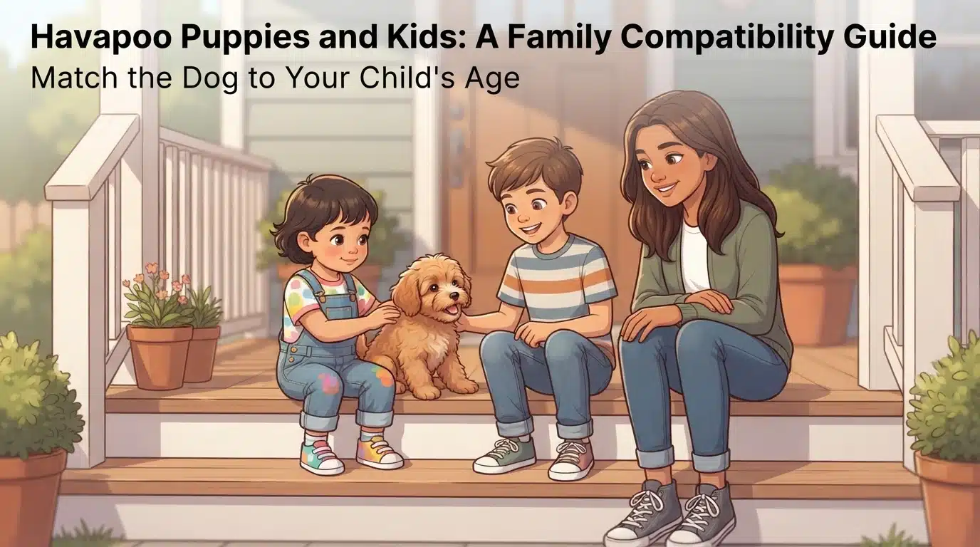 A family with three kids and a havapoo puppy on porch steps
