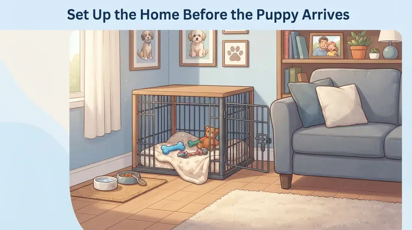 Puppy crate beside family couch setup