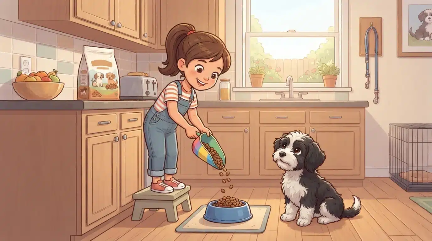 Child pouring kibble for a waiting Havapoo puppy