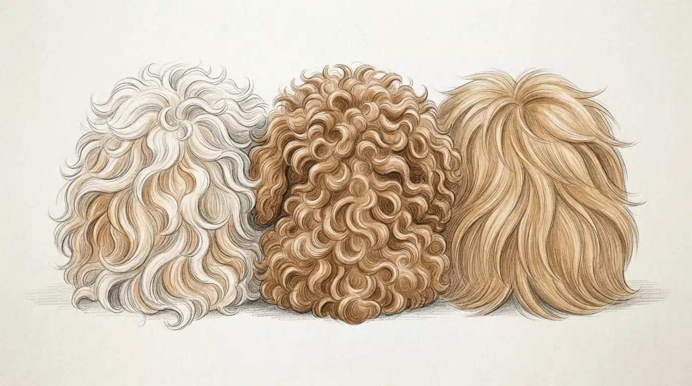 Pencil sketch of three Cavapoo coat textures