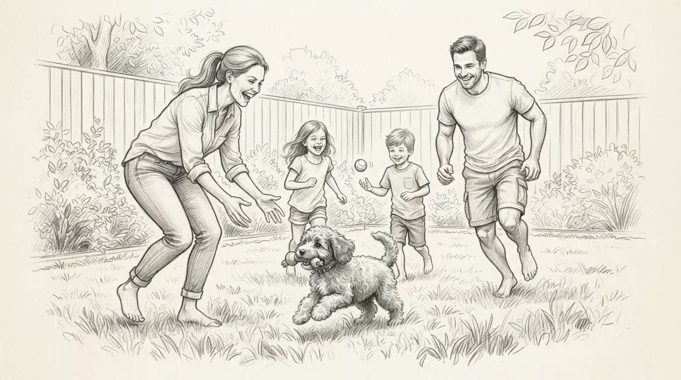 Family playing with a Cavapoo puppy in the backyard