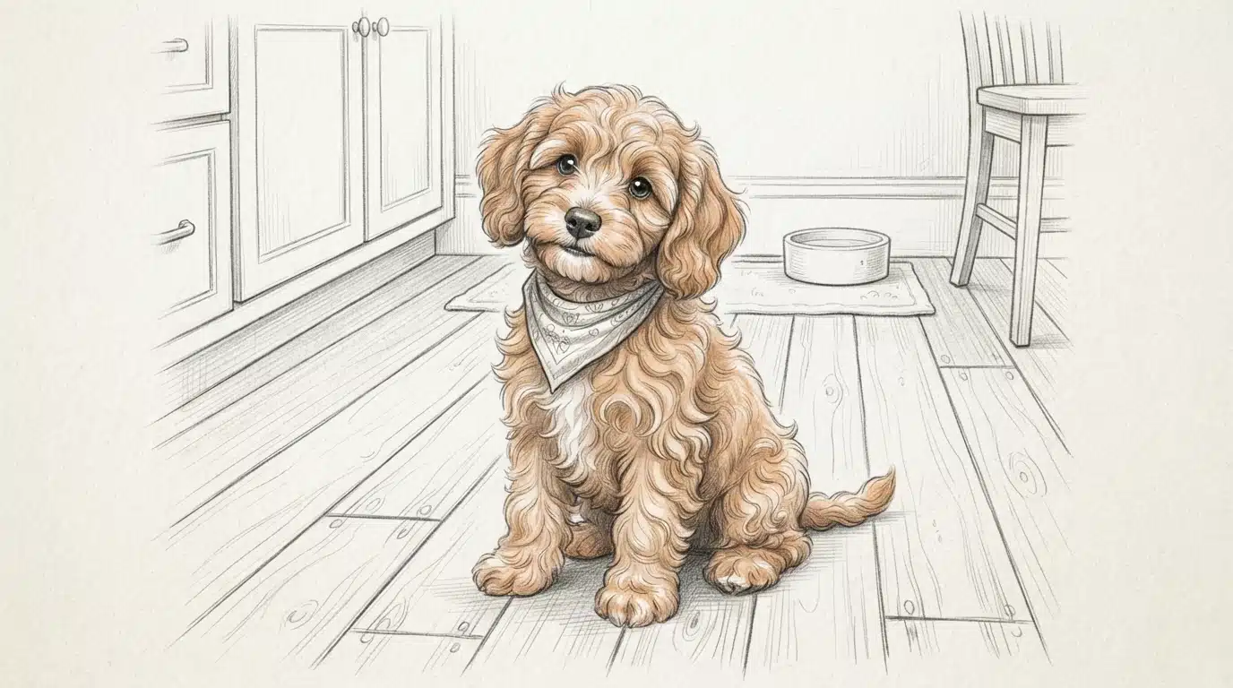 Pencil sketch of apricot Cavapoo puppy on kitchen floor