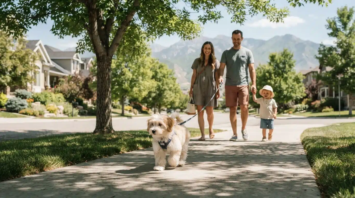 Havanese puppy walking on shaded suburban sidewalk