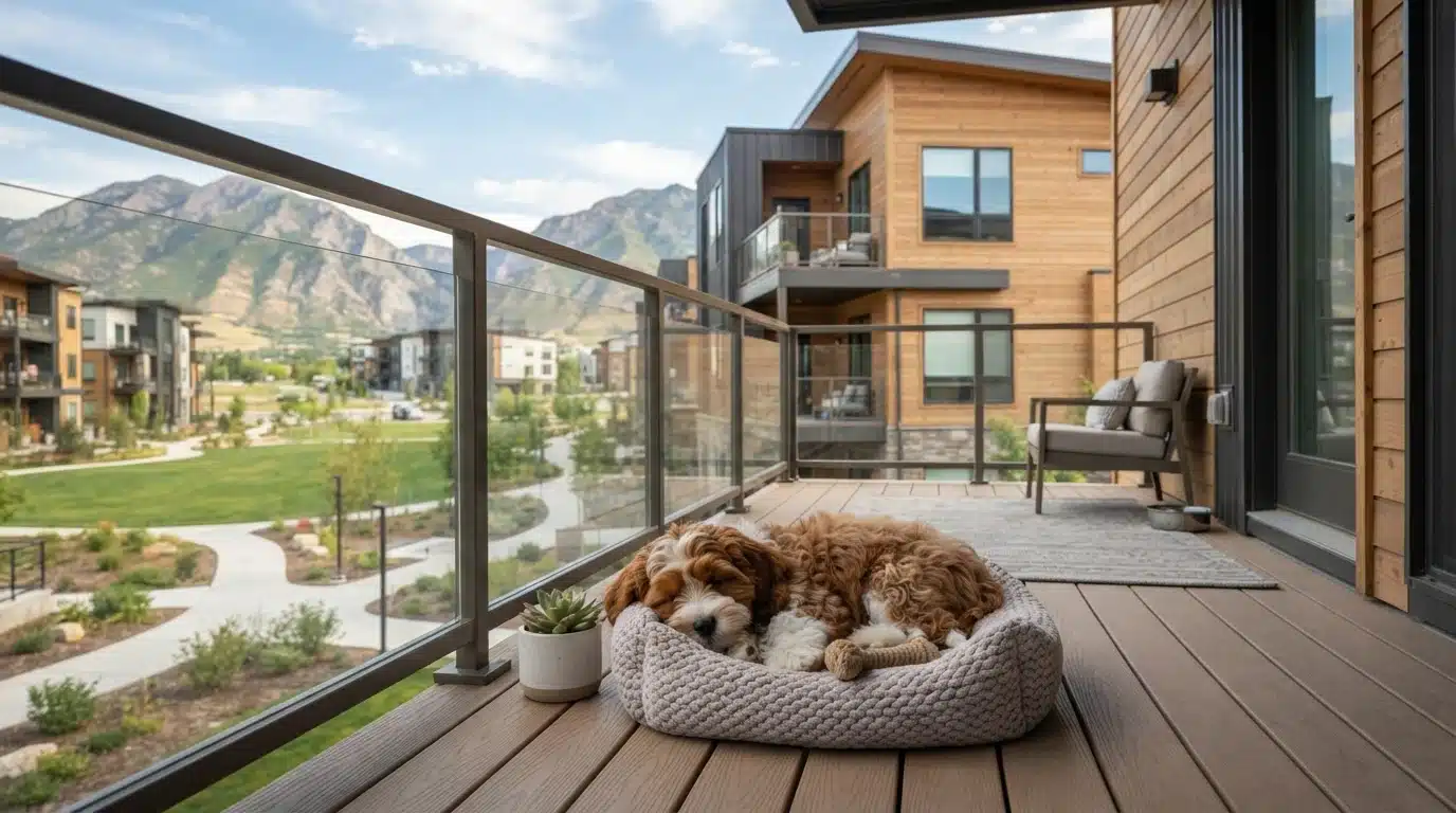 Cavapoo resting on modern Utah patio