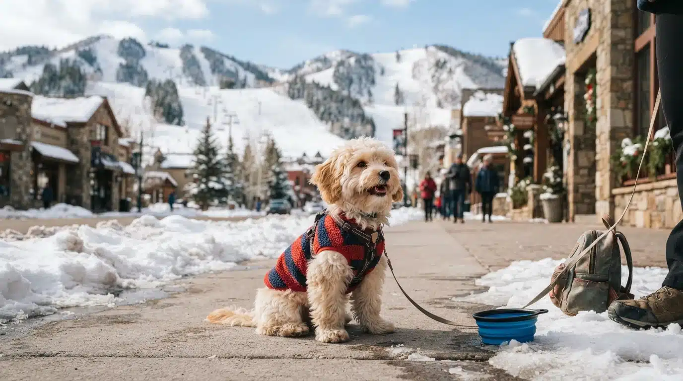 Small fluffy puppy pauses on snowy Park City sidewalk with ski slopes in the background