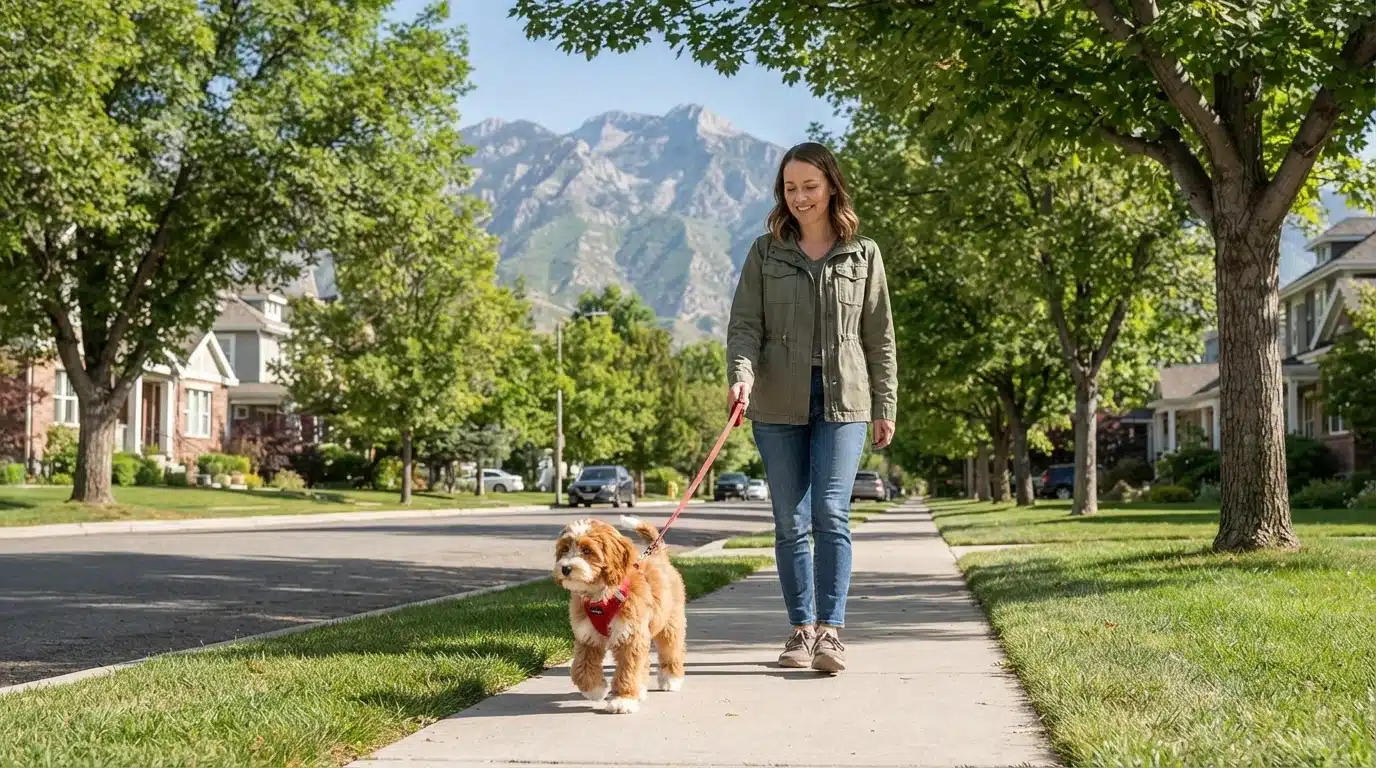Cavapoo puppy walking with owner in Sugar House