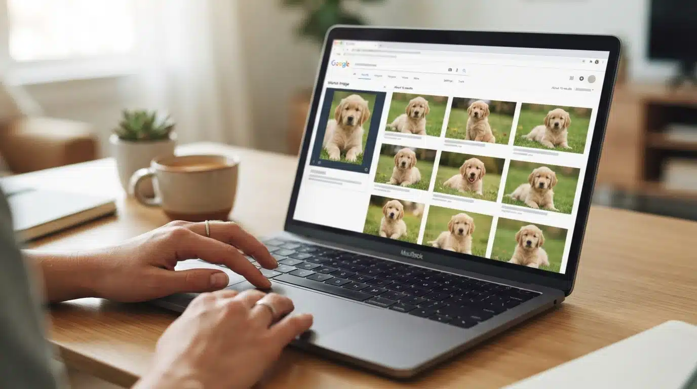 Hand performing reverse image search on laptop