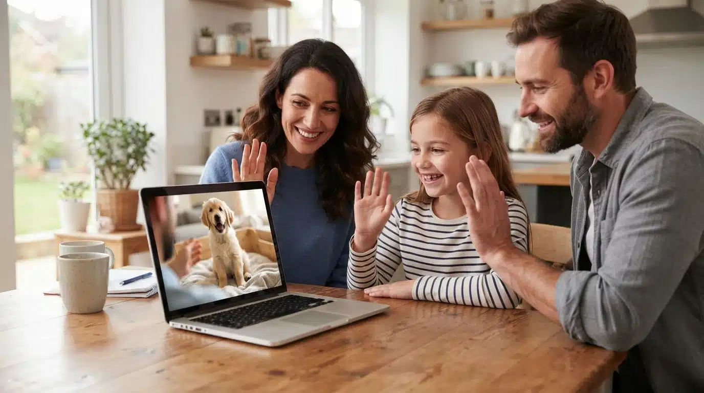 Family video-calling a puppy seller on laptop