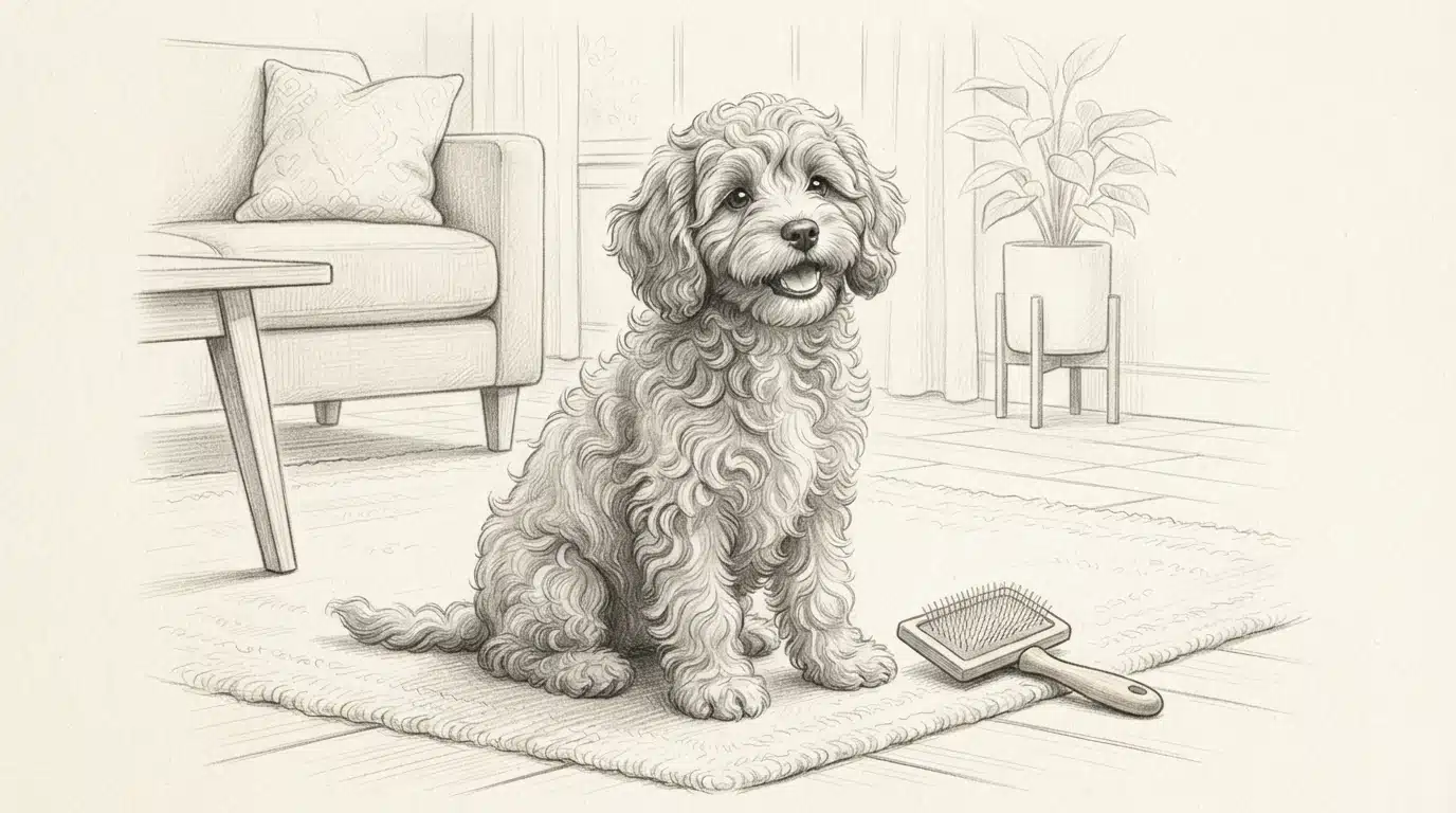 Pencil sketch of a Cavapoo puppy beside a grooming brush