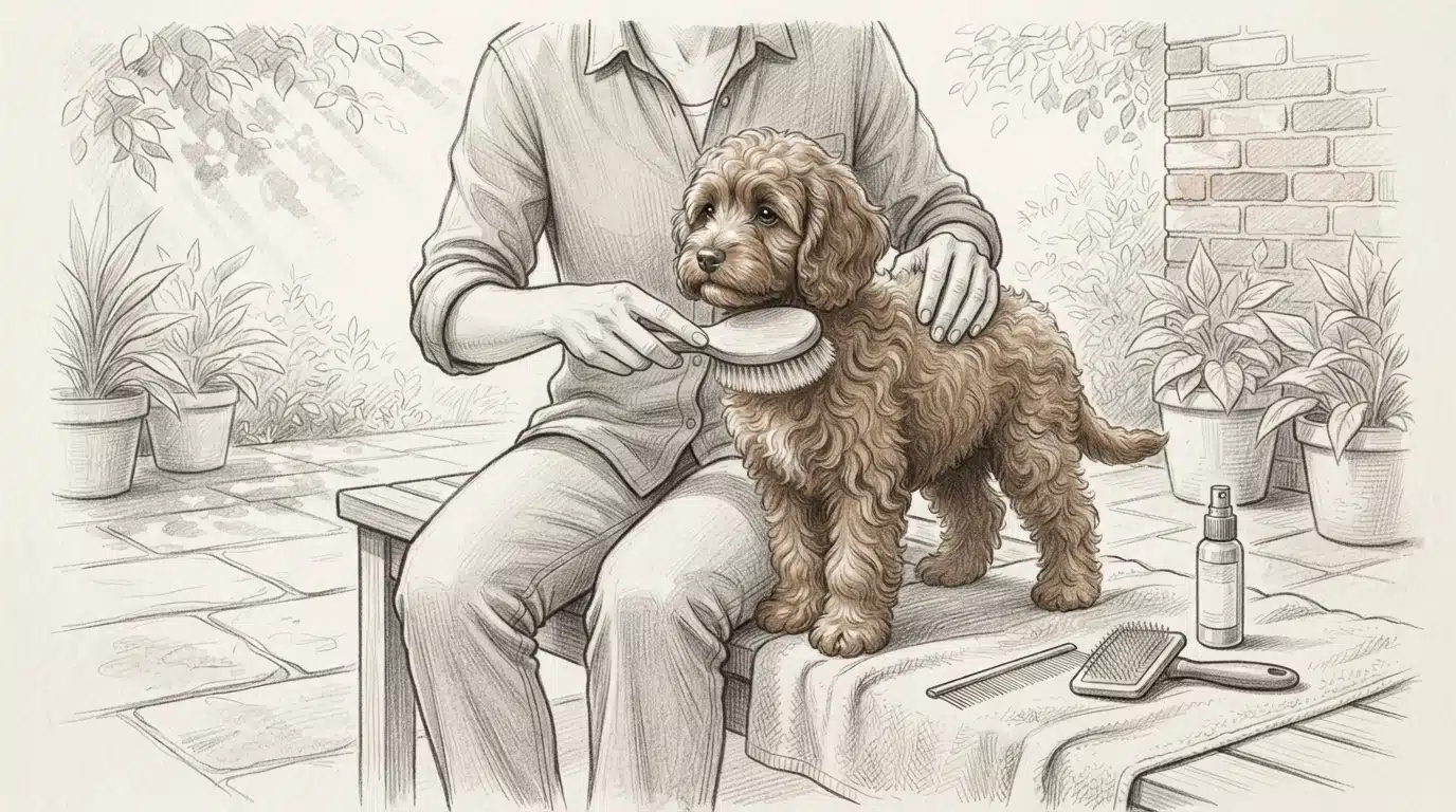 Person brushing a Cavapoo on a patio