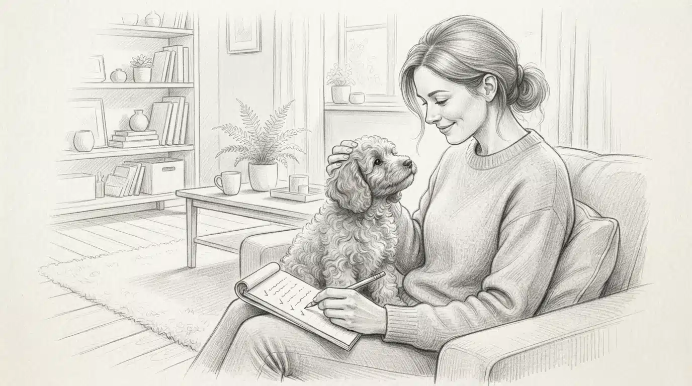 Woman pets curly-coated puppy beside kitchen notepad