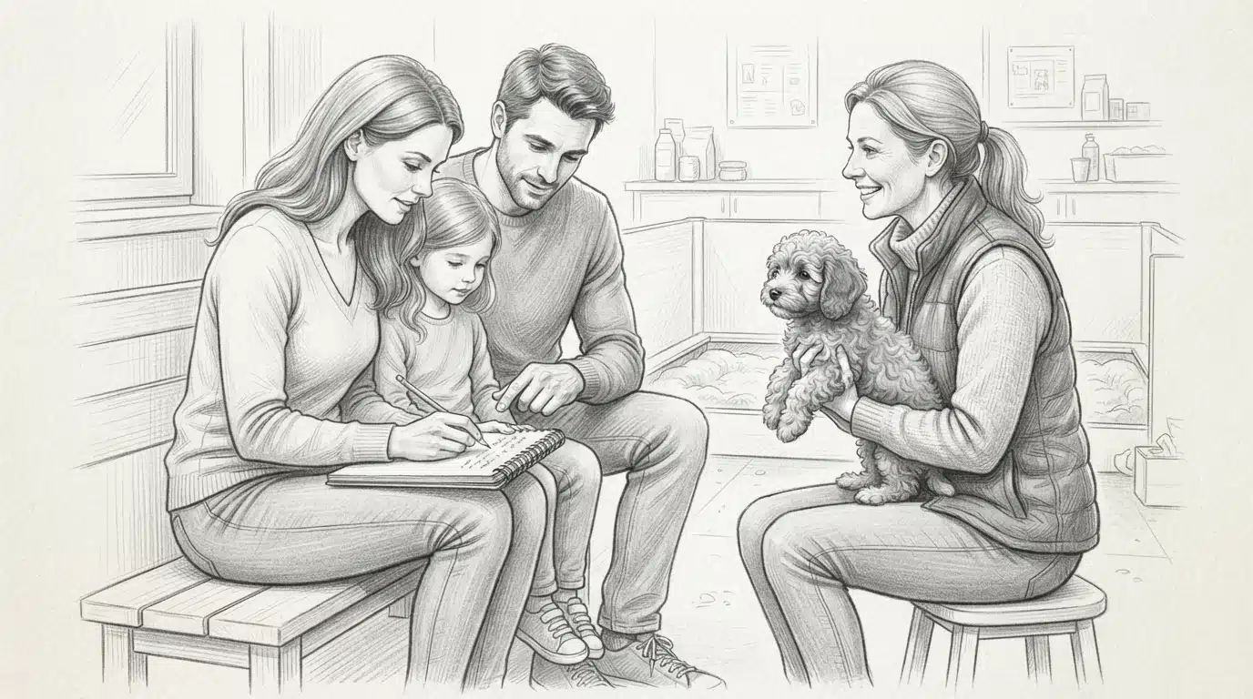Family writing questions beside breeder with puppy