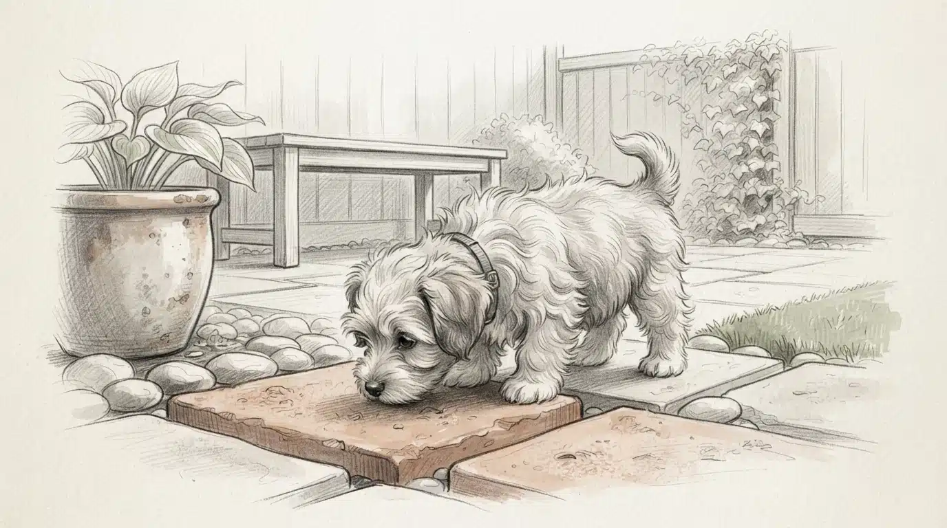 Havanese puppy explores patio during critical socialization window