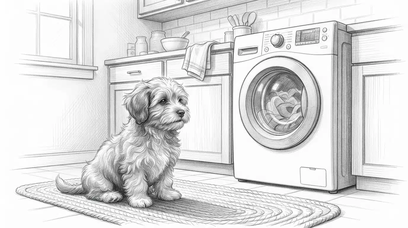 Havanese puppy calmly listens in a bright kitchen