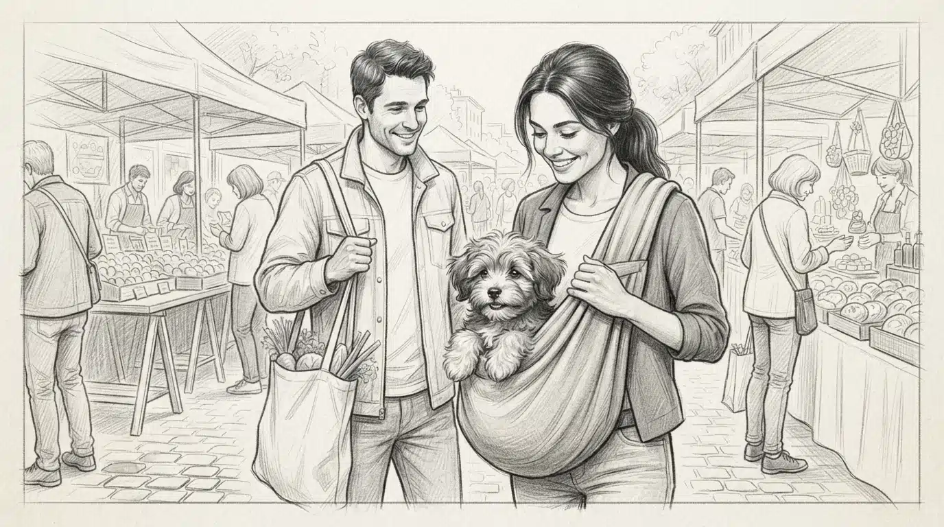 Puppy carried through busy outdoor market