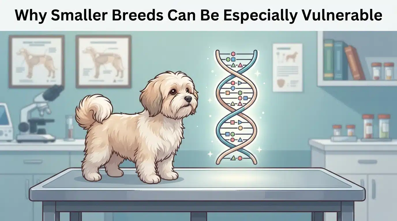 Havanese dog beside a DNA double helix