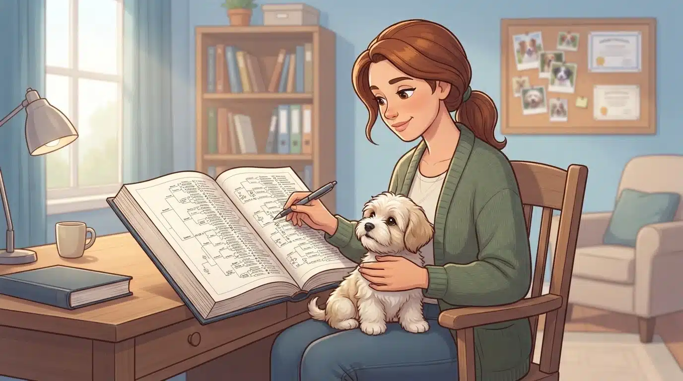 Breeder reviews a pedigree with a Havanese puppy