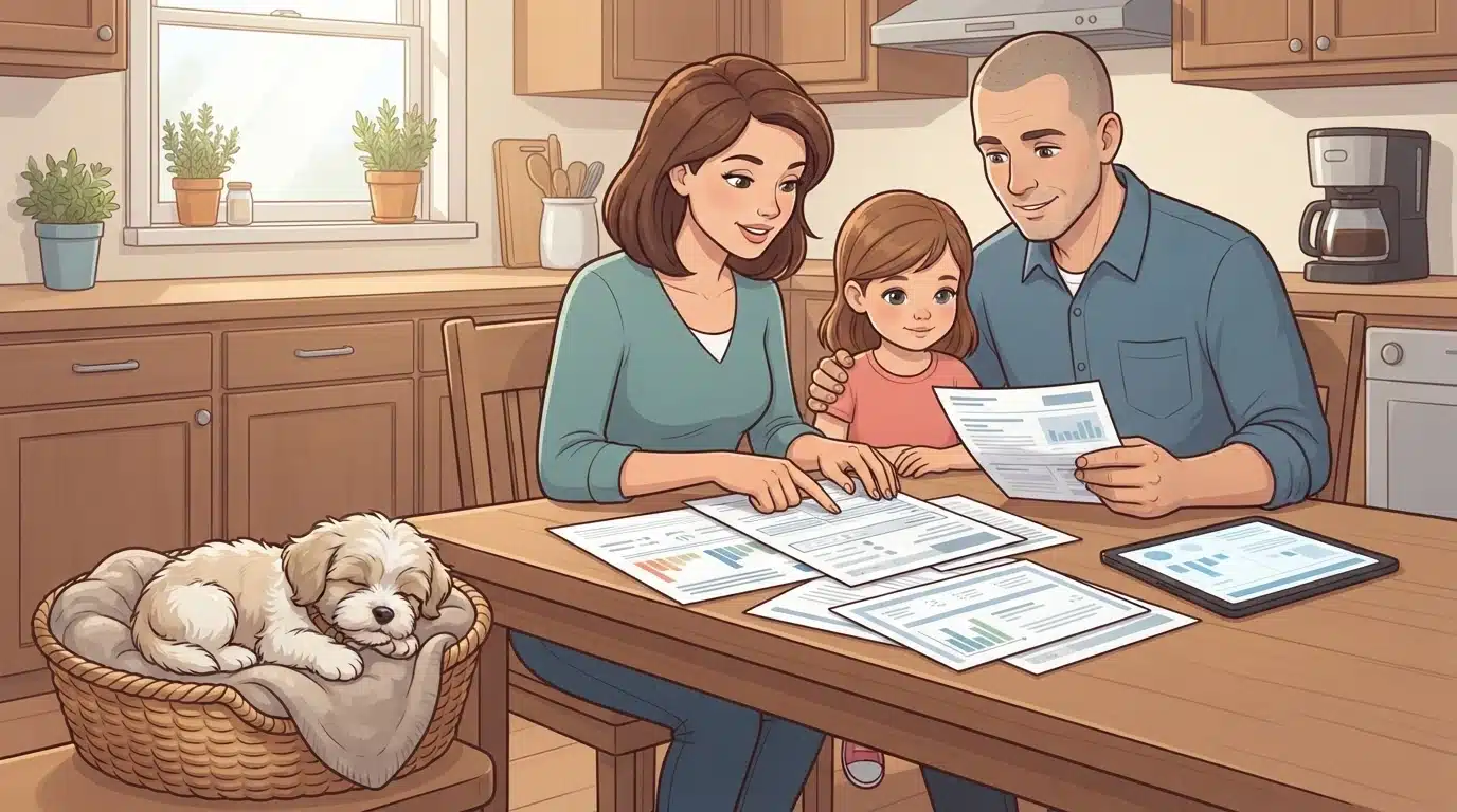 Family reviewing dog health certificates at kitchen table