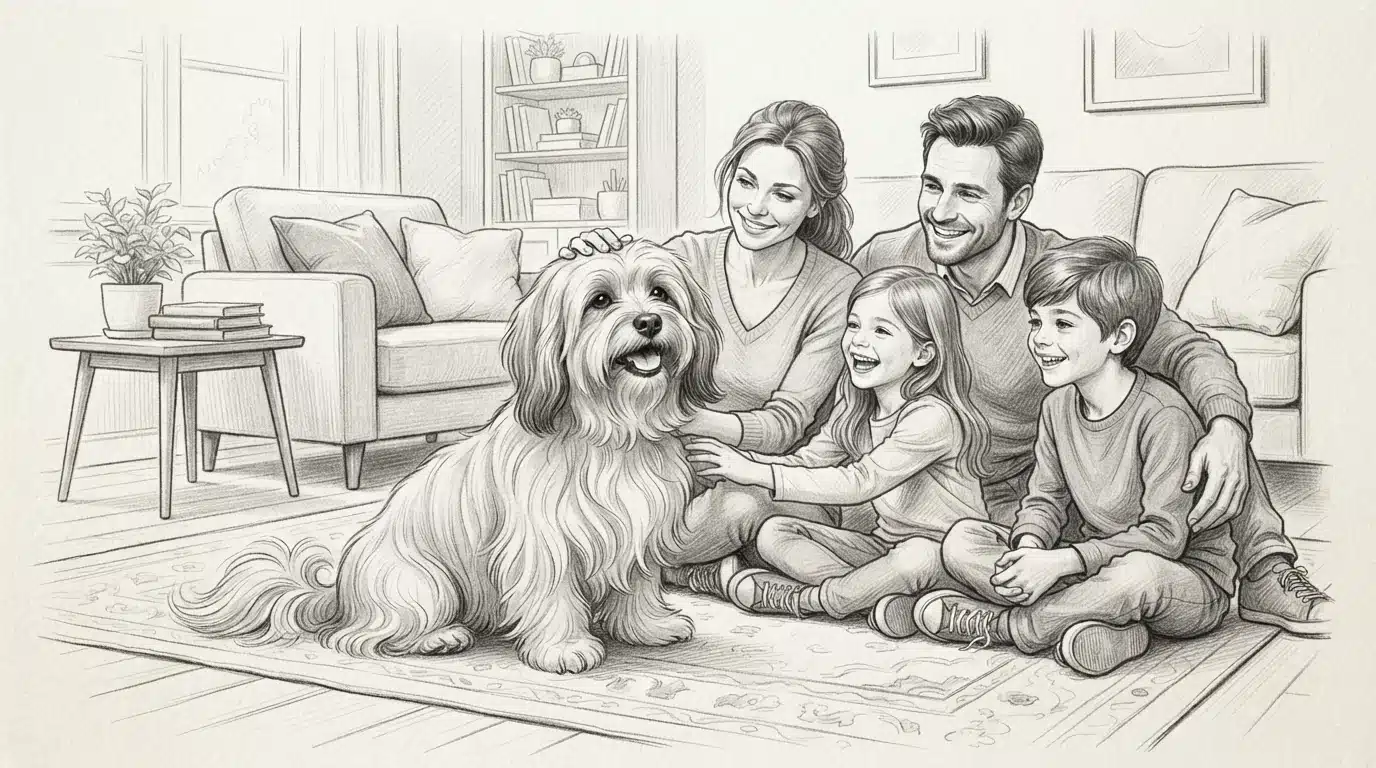 Havanese dog sitting beside a family