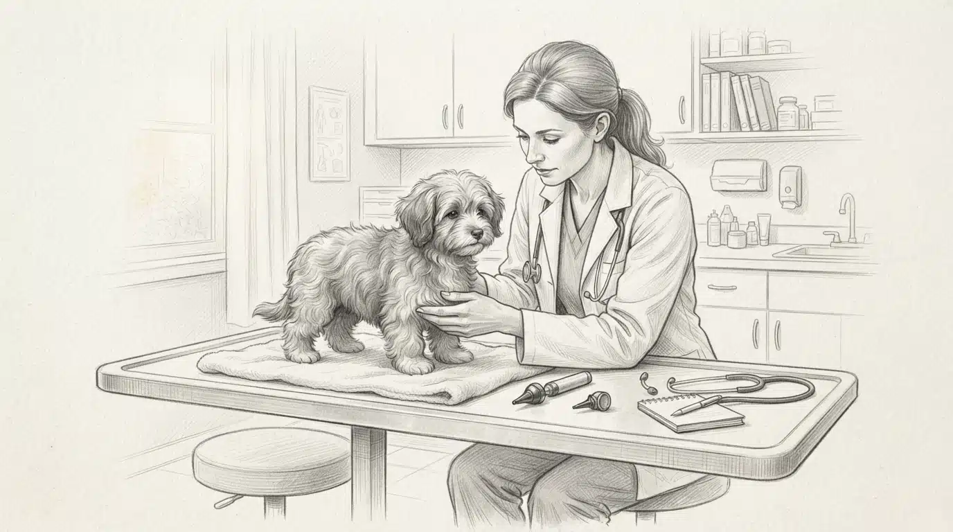 Veterinarian examining a Havanese puppy's knees
