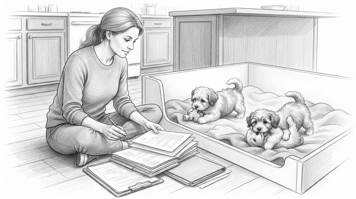 Breeder reviewing paperwork with Havanese puppies