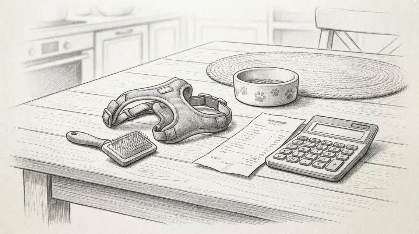 Receipt, calculator, and puppy supplies on a wooden table