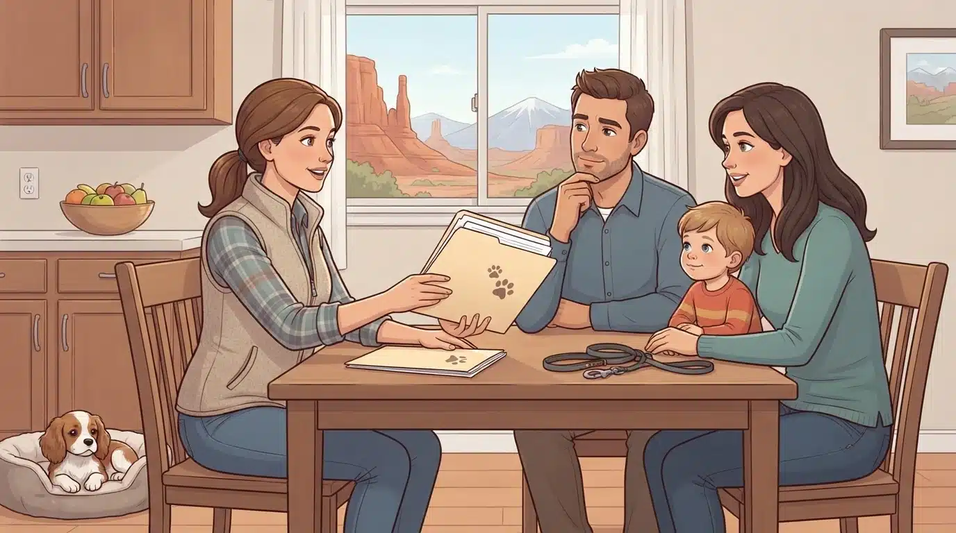 Breeder hands vaccination records to a family at a Utah kitchen table