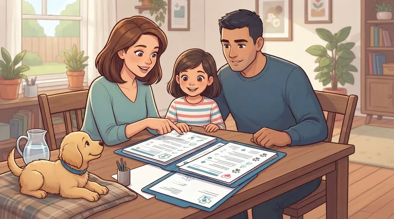 Family reviewing puppy health records at a dining table