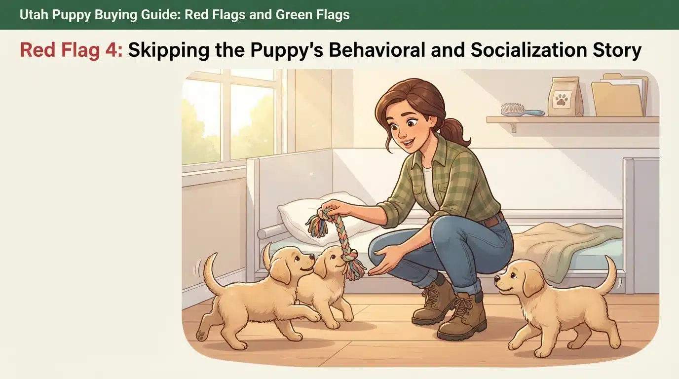 Breeder engages curious puppies with a toy