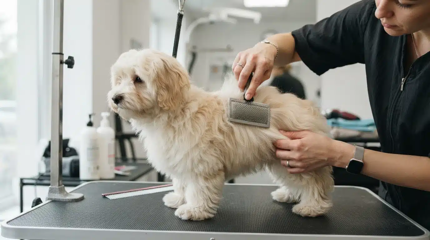 Hands line-brushing a cream Havanese’s long coat