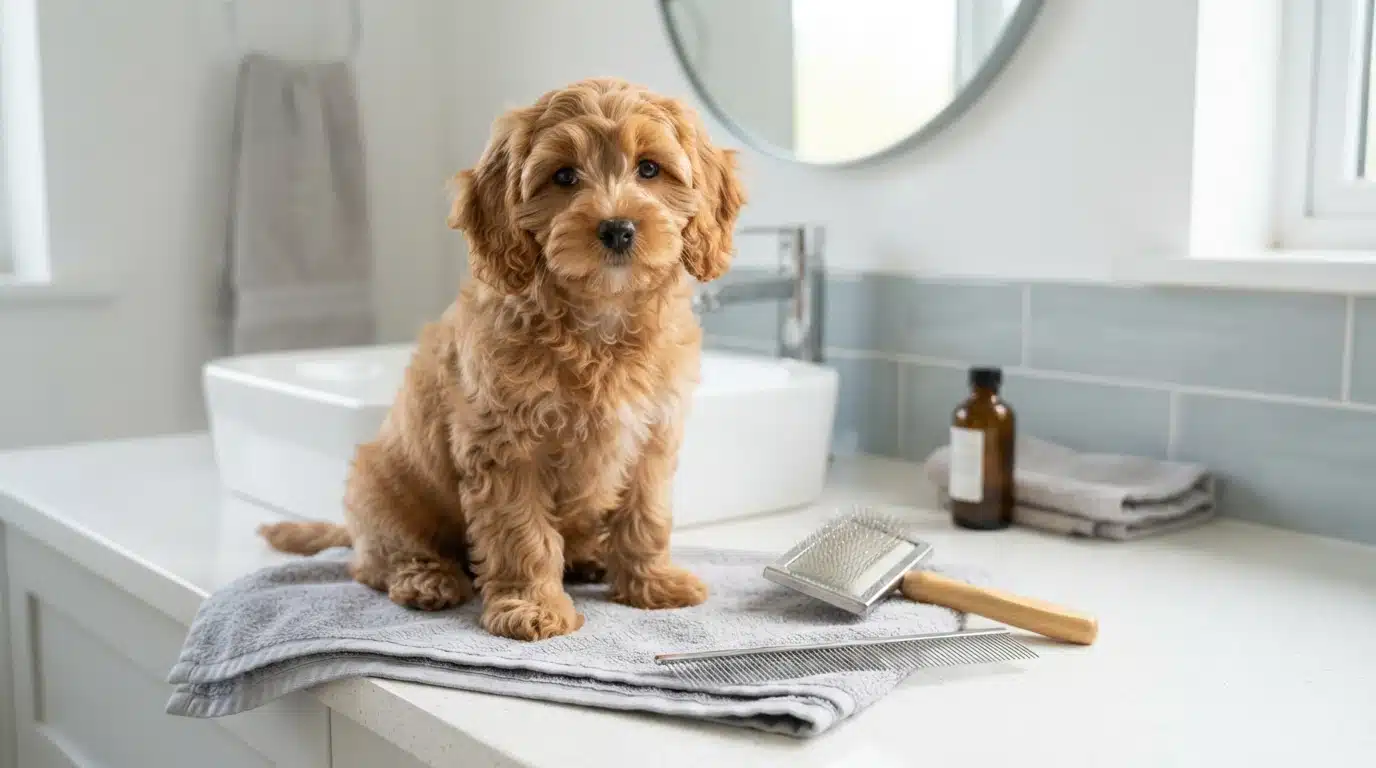 Cavapoo puppy on counter with slicker brush