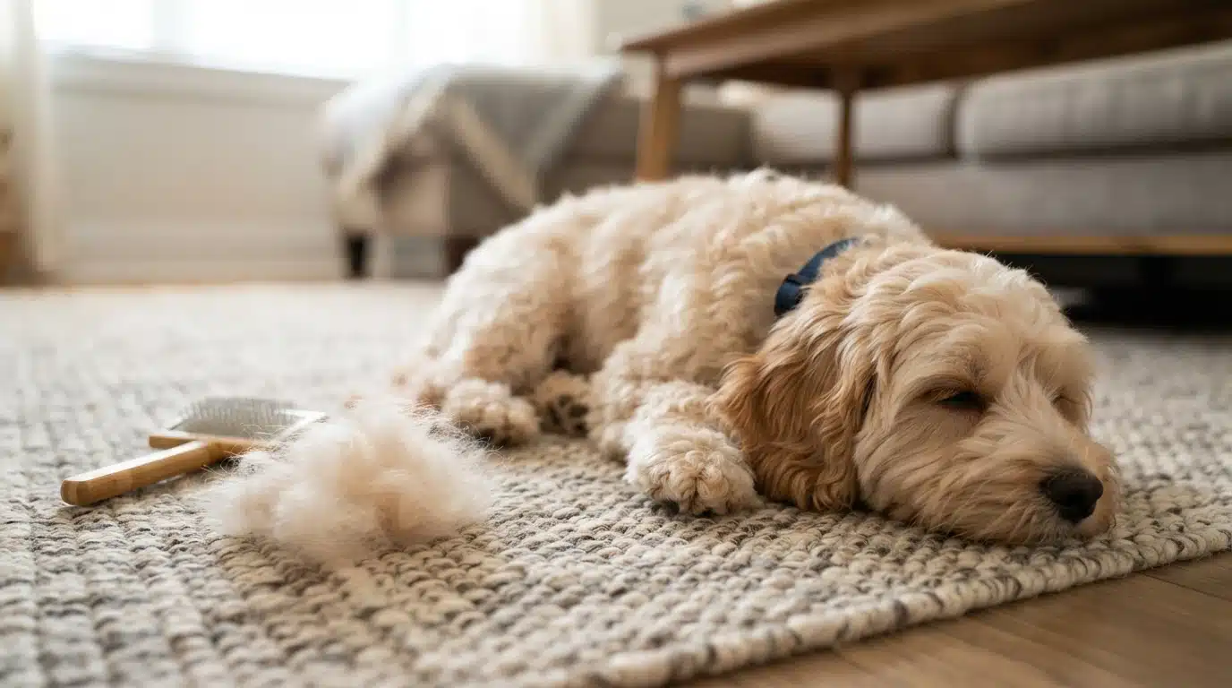 Light-colored Cavapoo resting on rug beside brushed fur pile