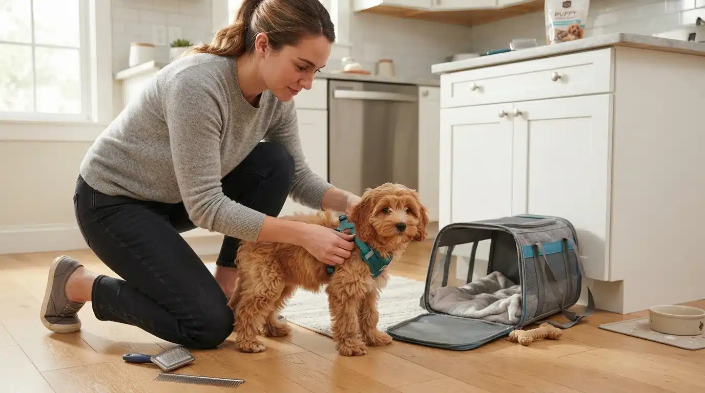 Owner fitting a harness on a fluffy puppy