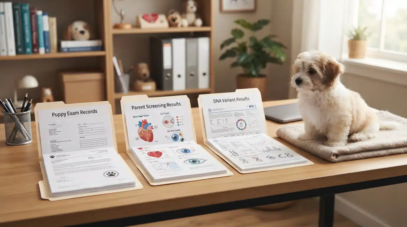 Three puppy record folders beside a Havanese puppy