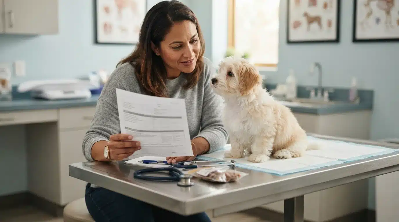 Buyer comparing puppy exam record at vet clinic