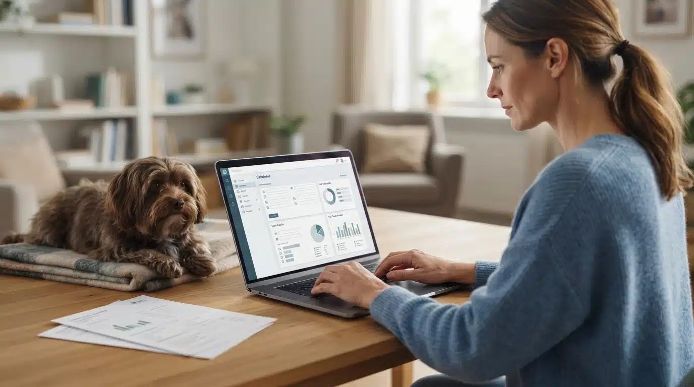 Person entering registration number on laptop beside dog